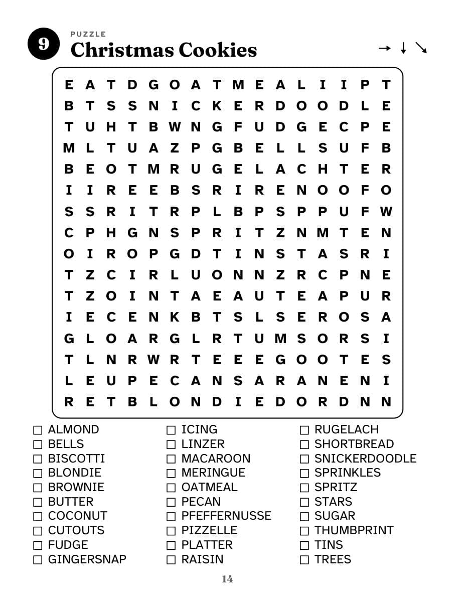 Preview of the Christmas Cookies printable: a 16 by 16 grid of large letters with 30 words listed underneath.